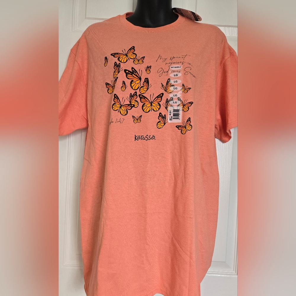 Kerusso Christian Butterfly Peach Graphic T Shirt Bible Verse Large